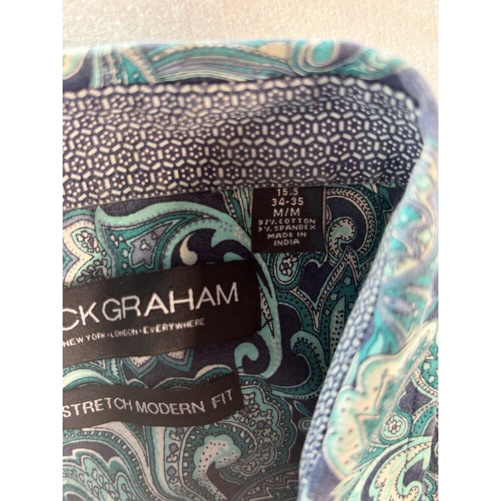 Nick Graham Teal Navy Blue SequinsMens M 15.5 34-35 Long Sleeve Button Up Shirt - Picture 3 of 7